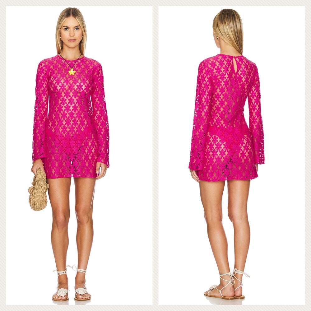 Beach Riot Goldie Daisy Crochet Mini Cover Up Dress In Fuchsia Pink Size XS